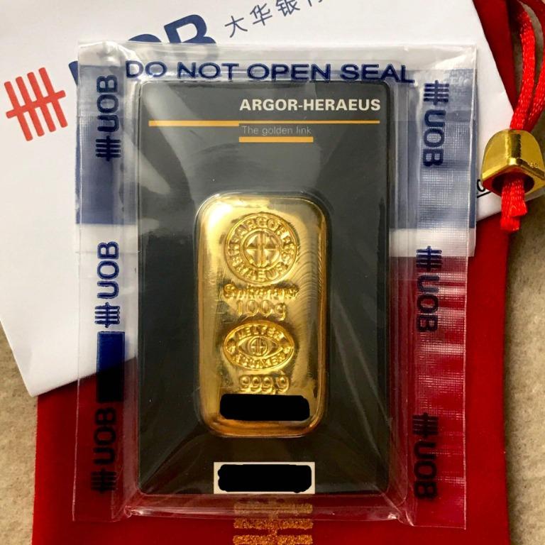 UOB 100g Argor Heraeus 9999 Gold Cast Bar with receipt Hobbies