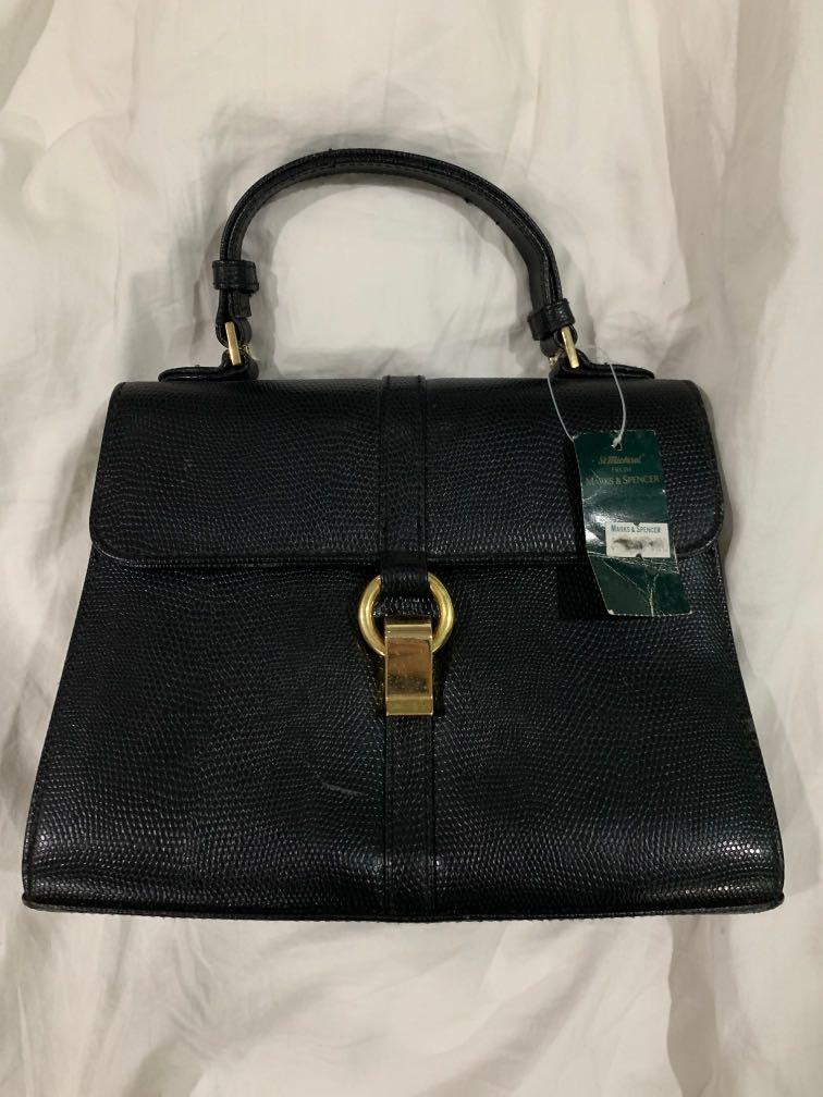 Marks Spencer St Michael Black Leather Croc Skin Handbag with Gold Hardware