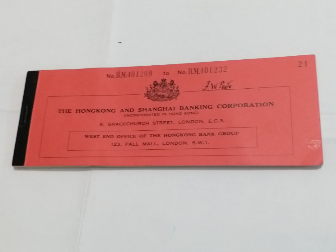 60年代匯豐銀行支票簿一本內有一張未使用的支票，品相如圖，只限郵寄,掛號$20 本人銀行户口只限恆生銀行(HANG SENG BANK),  興趣及遊戲, 收藏品及紀念品, 古董收藏-
