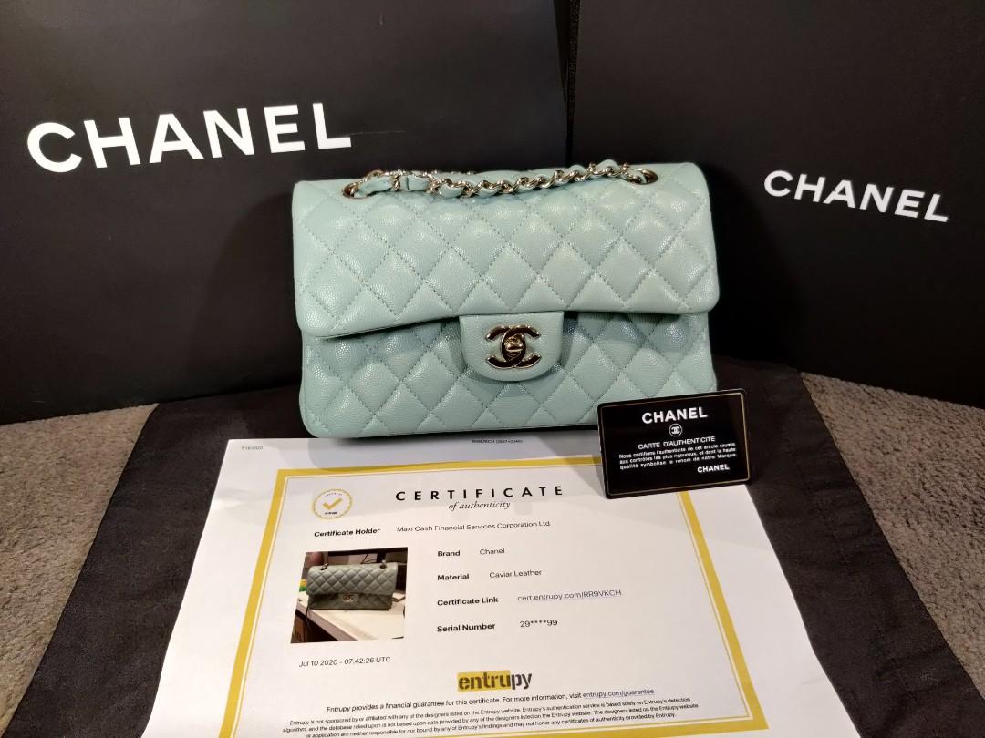 Chanel 20C tiffany blue small caviar classic flap bag with LGHW