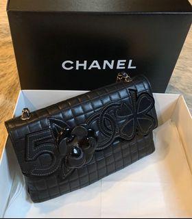 Chanel Camellia Full Flap Black Chocobar Quilted Leather with 3