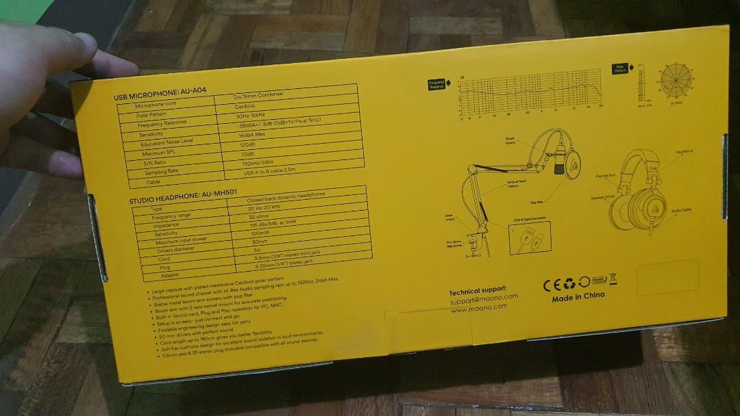 Maono AU-A04H USB Microphone Set with Studio Headphone Set (Category: Microphones) located in Mandaluyong City. Submitted by minyey (Listing ID 1046206759, Image 2). Description: USB Microphone Kit Plug & Play -with the professional sound chipset. Sampling Rate: 192kHz/24bit. With a good cardioid polar pickup pattern, high output and low self-noise function, the microphone can accurately reproduce even the most subtle sound. The new version provi