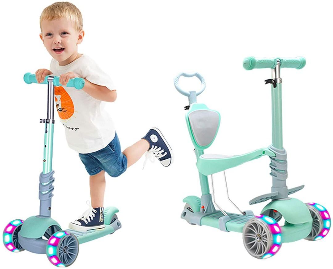 5-in-1 Kids Kick LED Scooter 3-wheel Walker Ride-on Walker w/ Removable Seat 