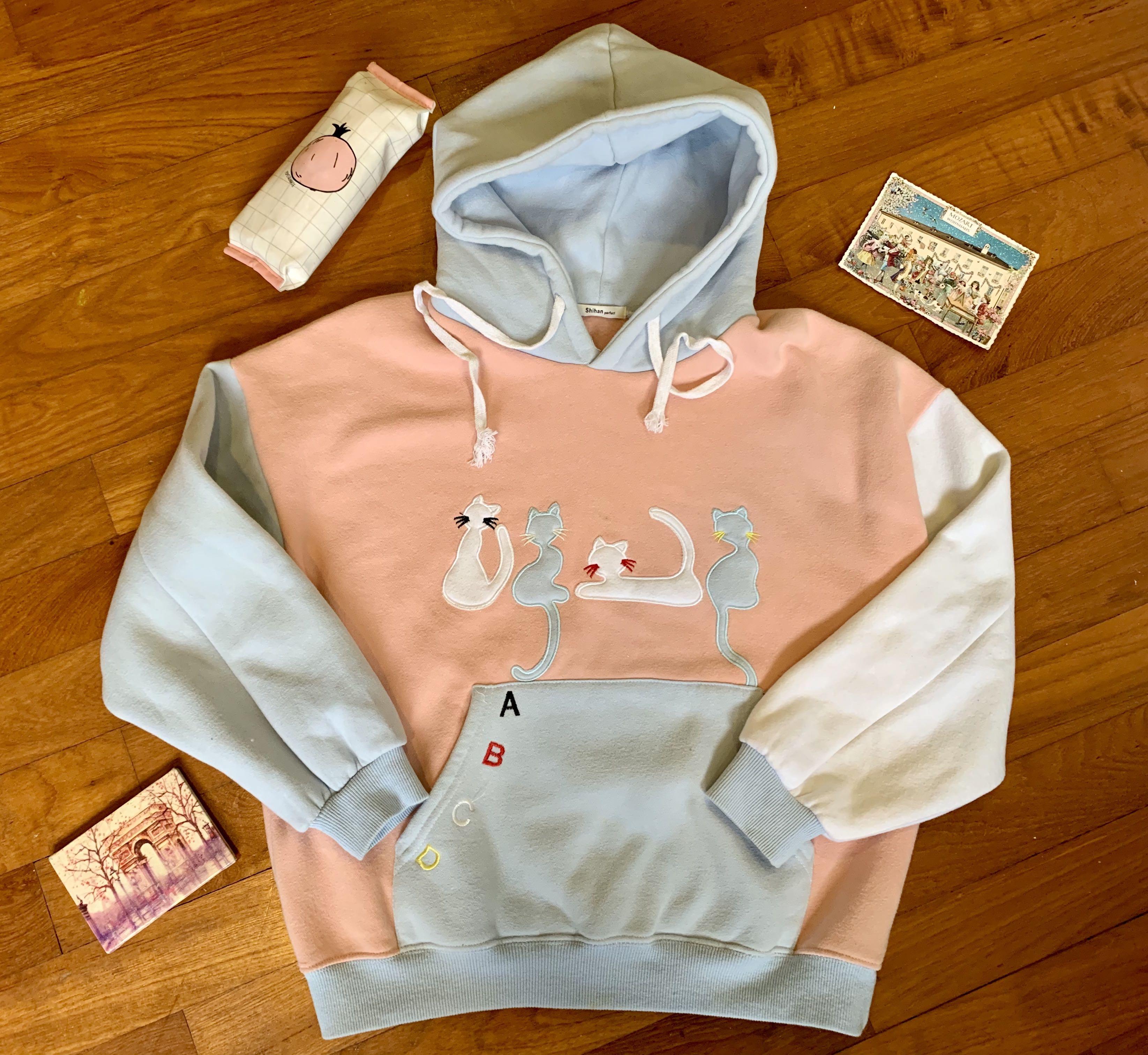 Oversized pastel pink cat hoodie, Women 