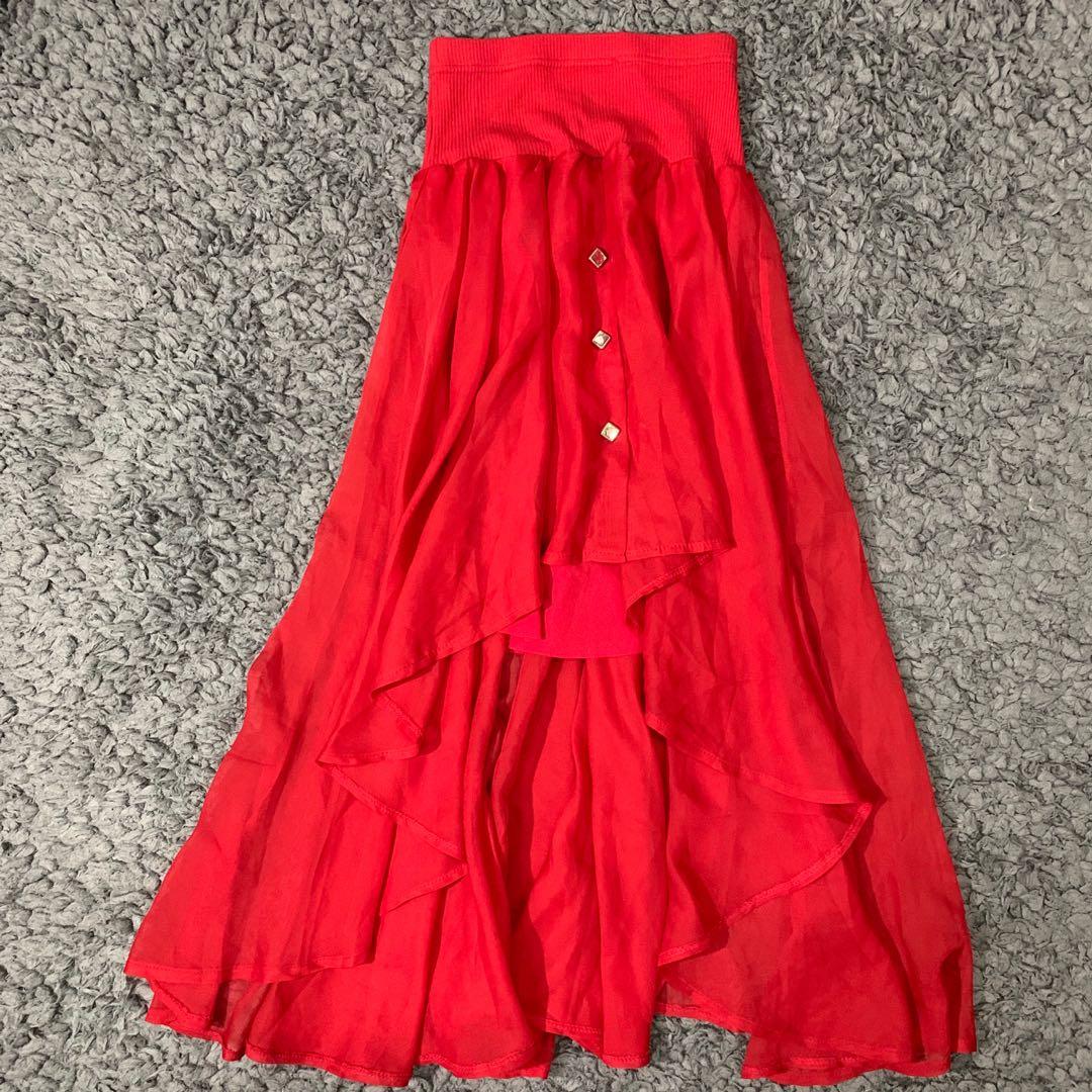 RED LAYERED SKIRT WITH STRETCHY WAIST 