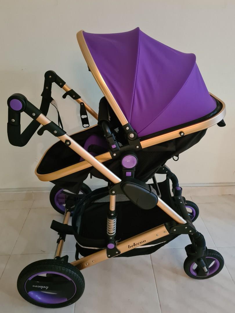 Belecoo Stroller Purple with gold suspension frame