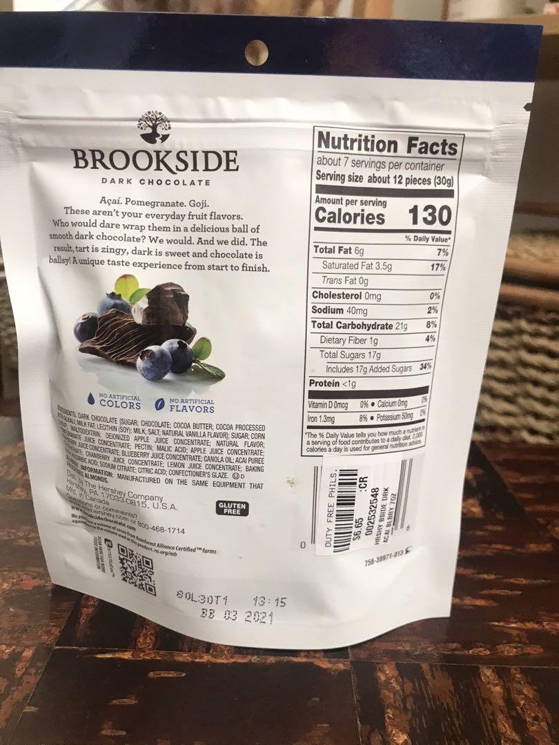 Brookside dark chocolate Acai & Blueberry Flavors (Category: Packaged & Instant Food) located in Imus. Submitted by importedgoodsph (Listing ID 1050223340, Image 2). Description: Brookside Dark Chocolate The daring Ball of smooth dark chocolate with fruit flavored center 198g 130 calories Exp 03/2021.