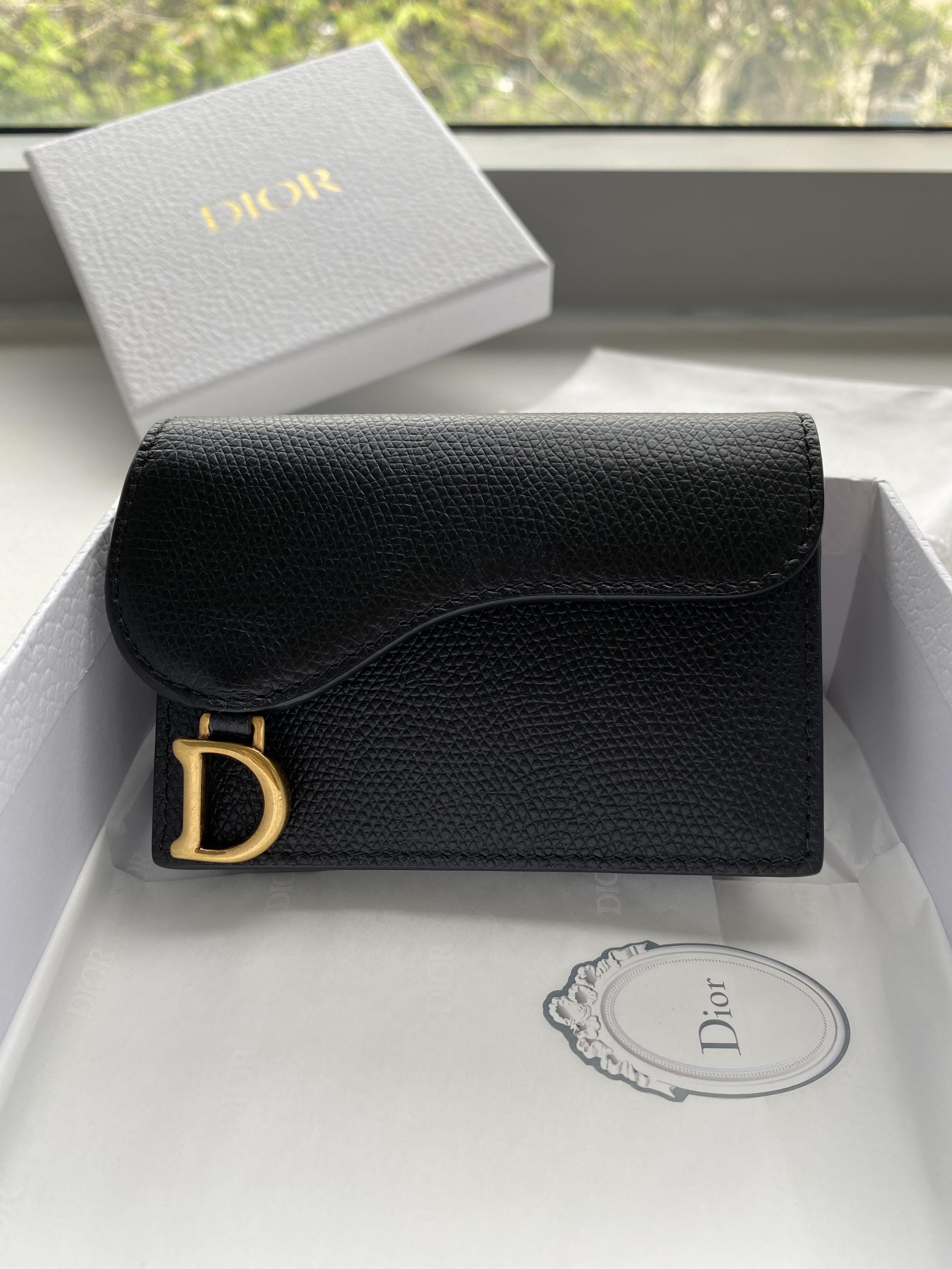 Saddle Magnetic Card Holder Beige and Black Dior Oblique Jacquard and Black  Grained Calfskin