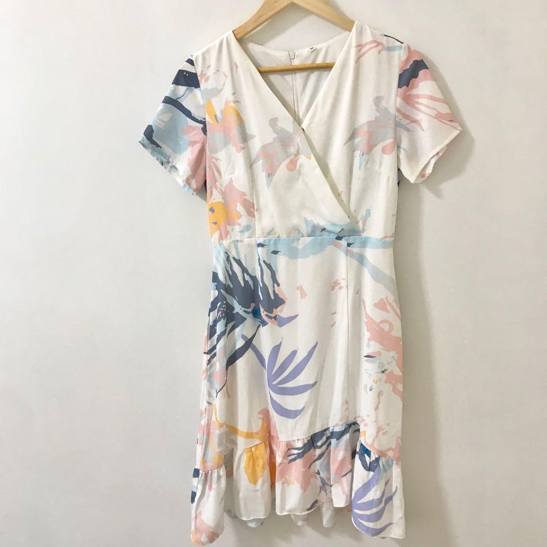 Floral Pastel White V line Long Dress Neonmello Blogshop Singapore