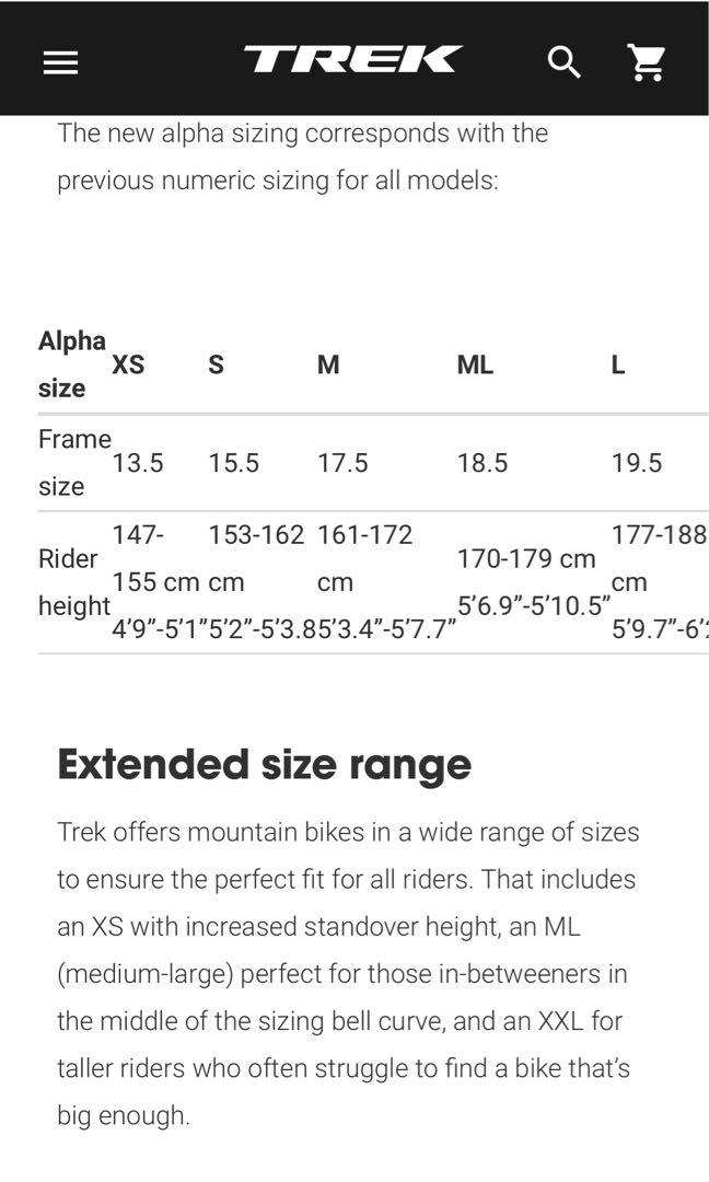Trek 6000 size chart outlet