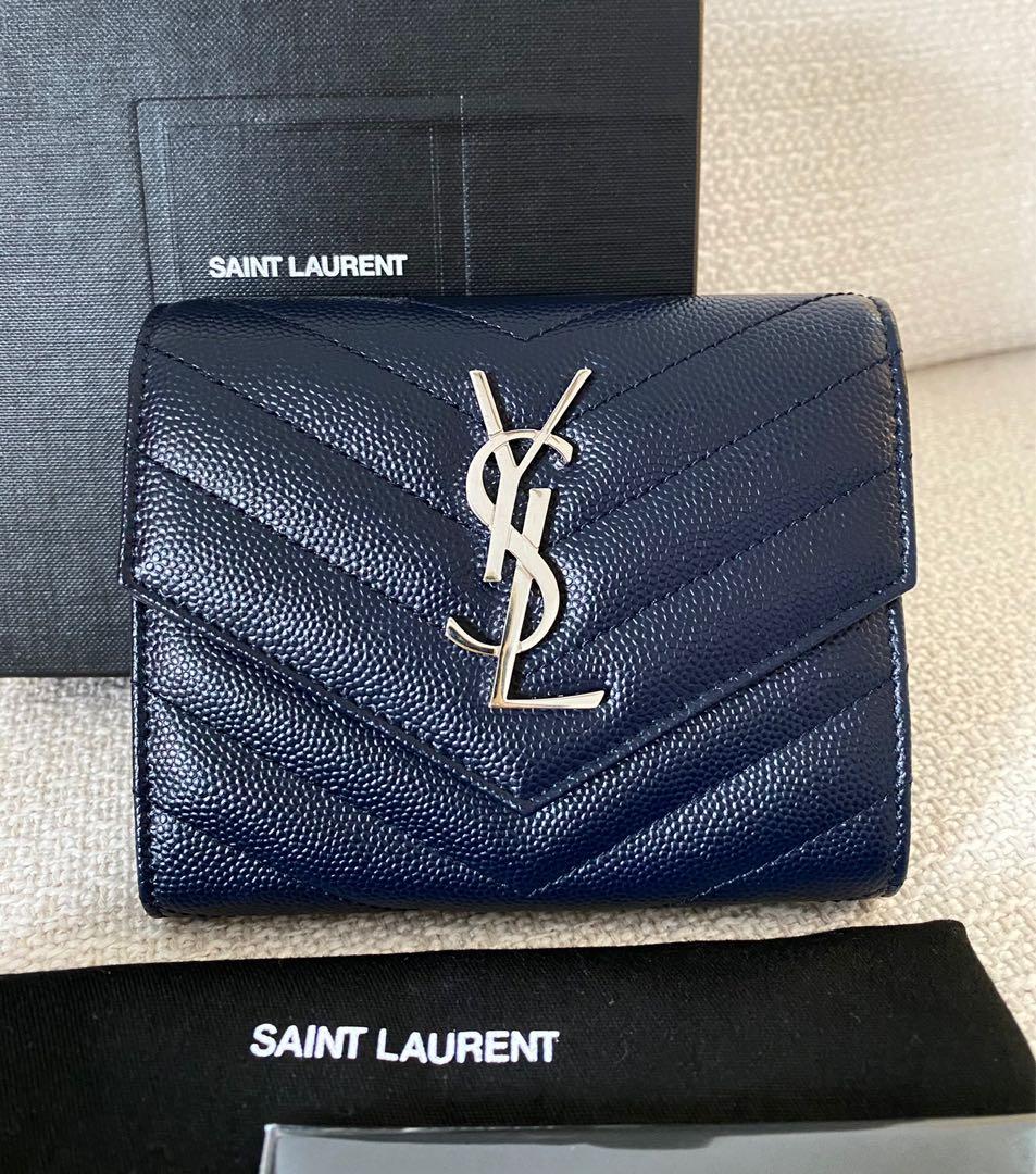 YSL Saint Laurent Deep Marine Blue Leather Compact Tri Fold Wallet 100% ...