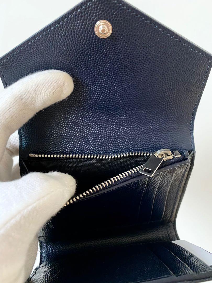 YSL Saint Laurent Deep Marine Blue Leather Compact Tri Fold Wallet 100% ...