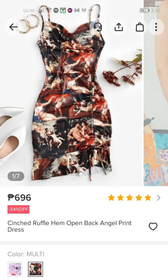 Cinched ruffle angel print dress Clearance