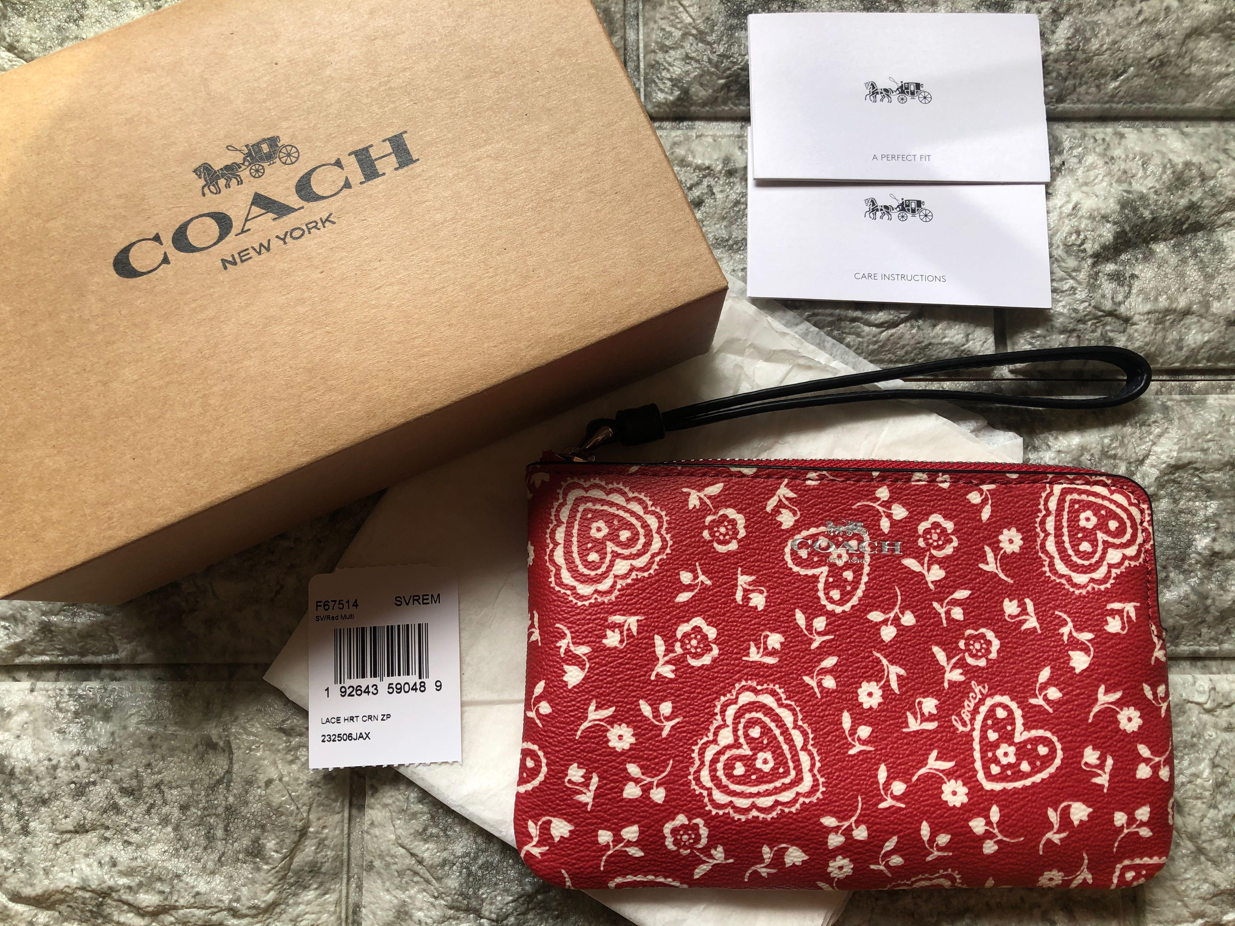 Coach Corner Zip Wristlet With Coach Heart Print