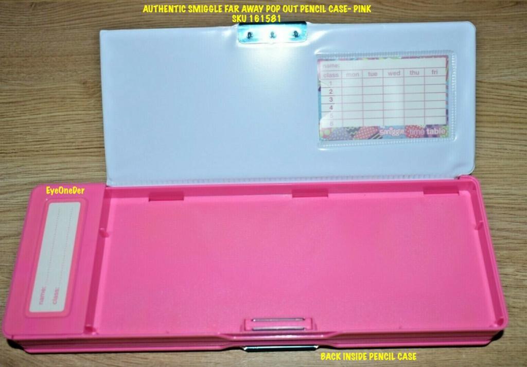 Authentic SMIGGLE Pop Out Pencil Case Brand New w/Tags (Category: Babies & Kids Fashion) located in Quezon City. Submitted by eye_oneder (Listing ID 1050480422, Image 3). Description: Features: Liquid and banana filled panel Two main compartment with magnetic closure Shoot out drawer compartment with inbuilt pen slots Pop out mini drawer compartment (perfect for eraser) Includes a calculator and sharpener Internal personalisable timetable card in