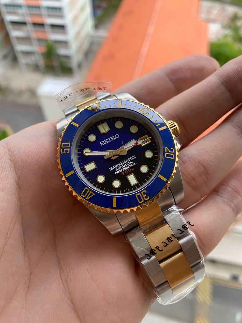 BUNDLE SALES) Seiko 2 tone Submariner mod gold blue with 2 bracelets + 1  nato strap, Luxury, Watches on Carousell