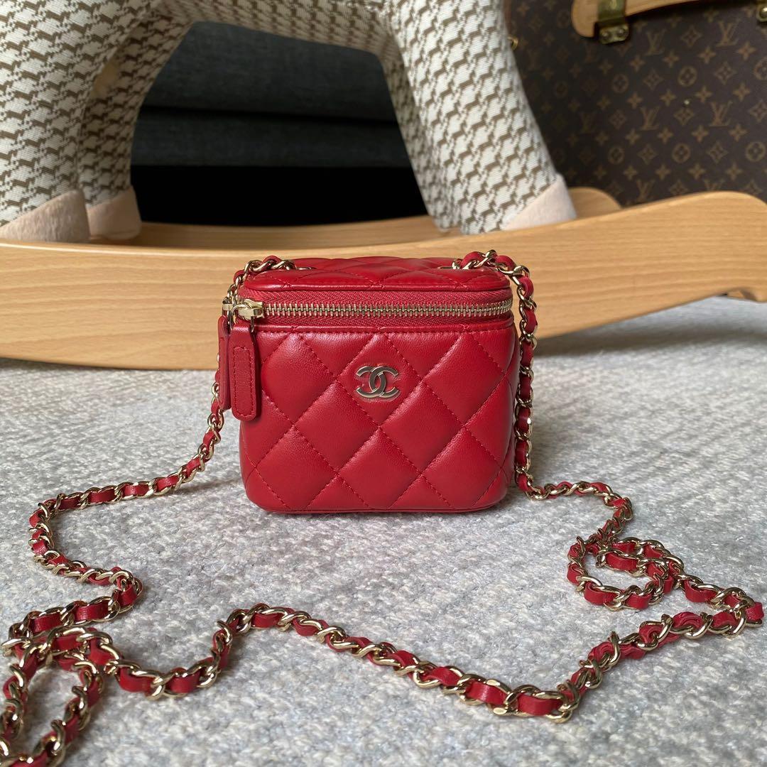 CHANEL Lambskin Camellia Embossed Mini Vanity Case With Chain Red 1282537
