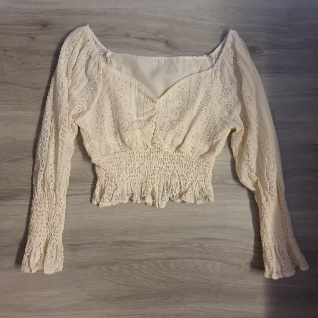 Cream Long Sleeve Crochet Top