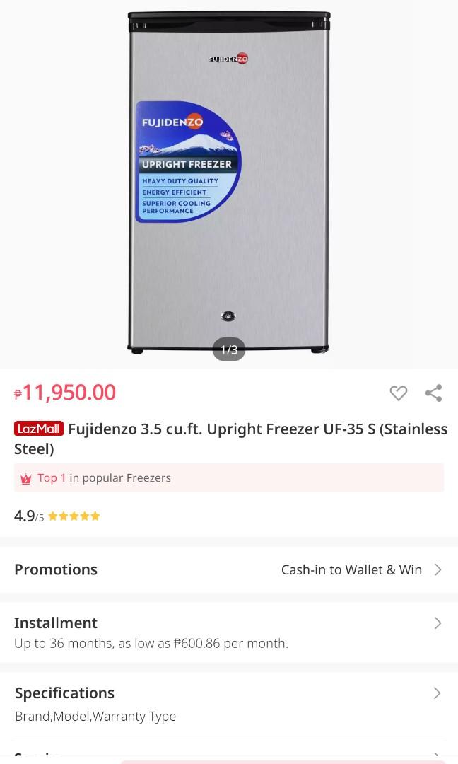 Fujidenzo 3.5 cu. ft. Upright Freezer (Stainless Steel), TV & Home