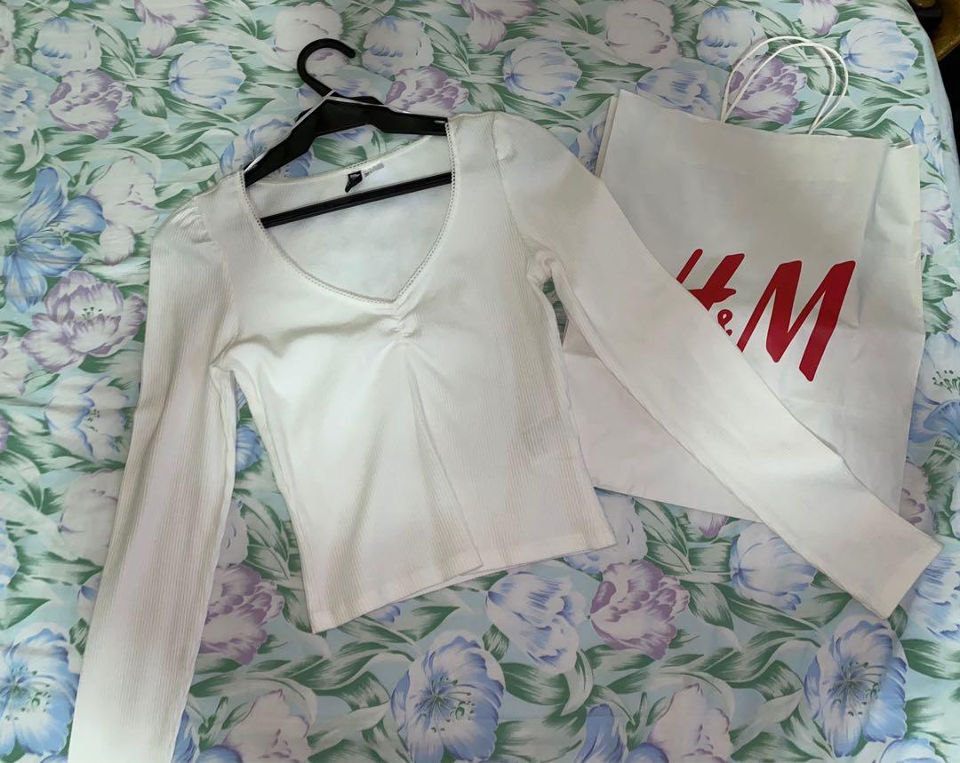 H M Divided Ribbed Long Sleeve Blouse Women s Fashion Tops