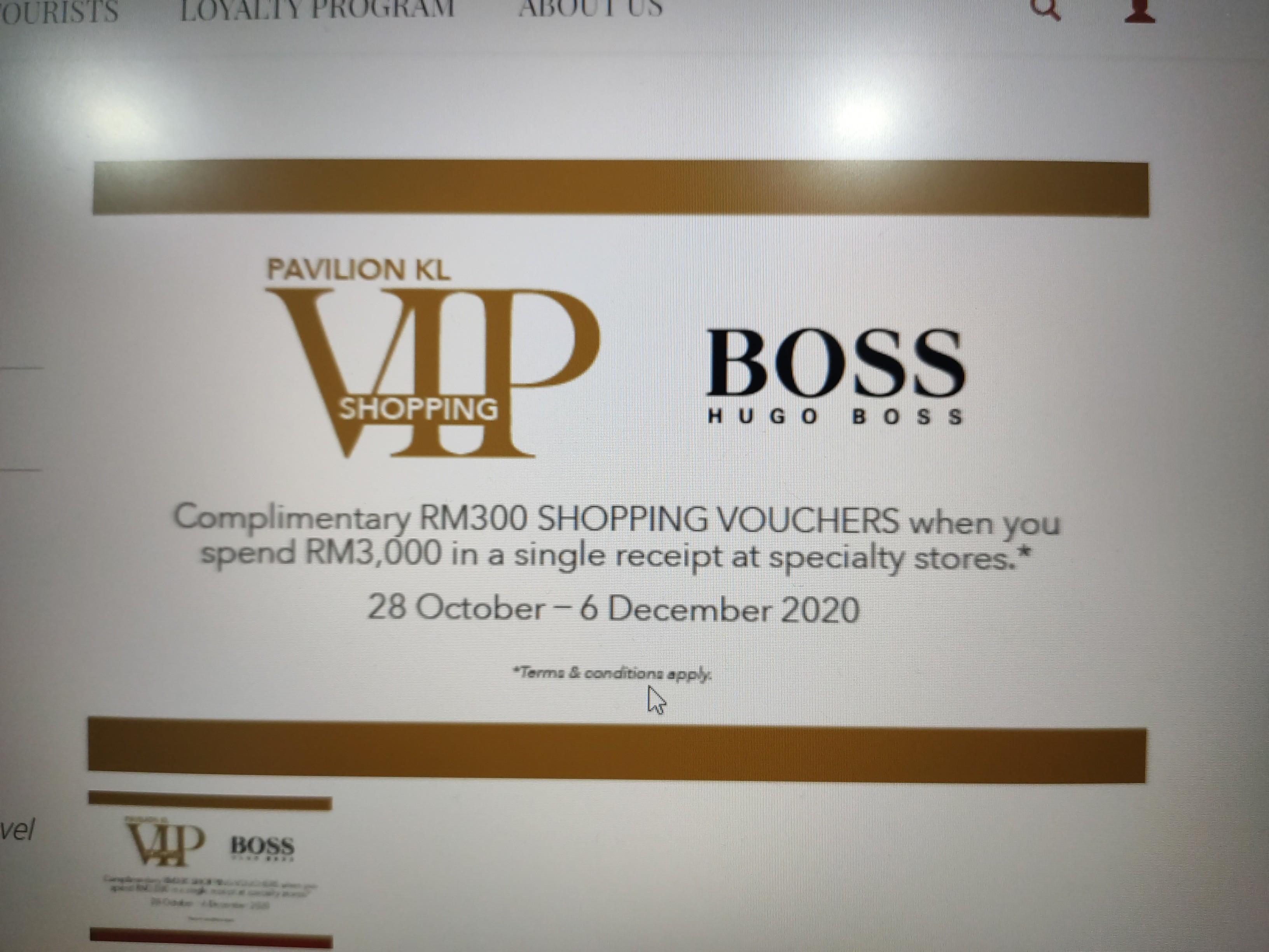 Pavilion HUGO BOSS RM300 VOUCHER, Tickets & Vouchers, Vouchers on Carousell