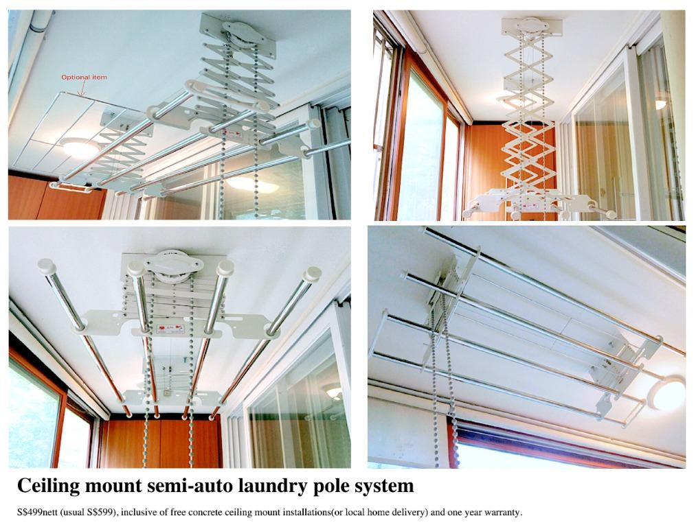 Ceiling mount pulley laundry pole system