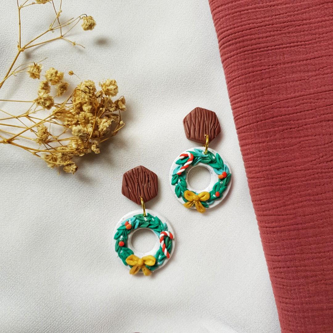 Christmas wreath polymer clay earrings Women s Fashion Jewelry