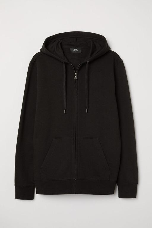 H&M Jaket Hoodie Regular Fit Hitam Dengan Zipper, Fesyen Pria, Pakaian