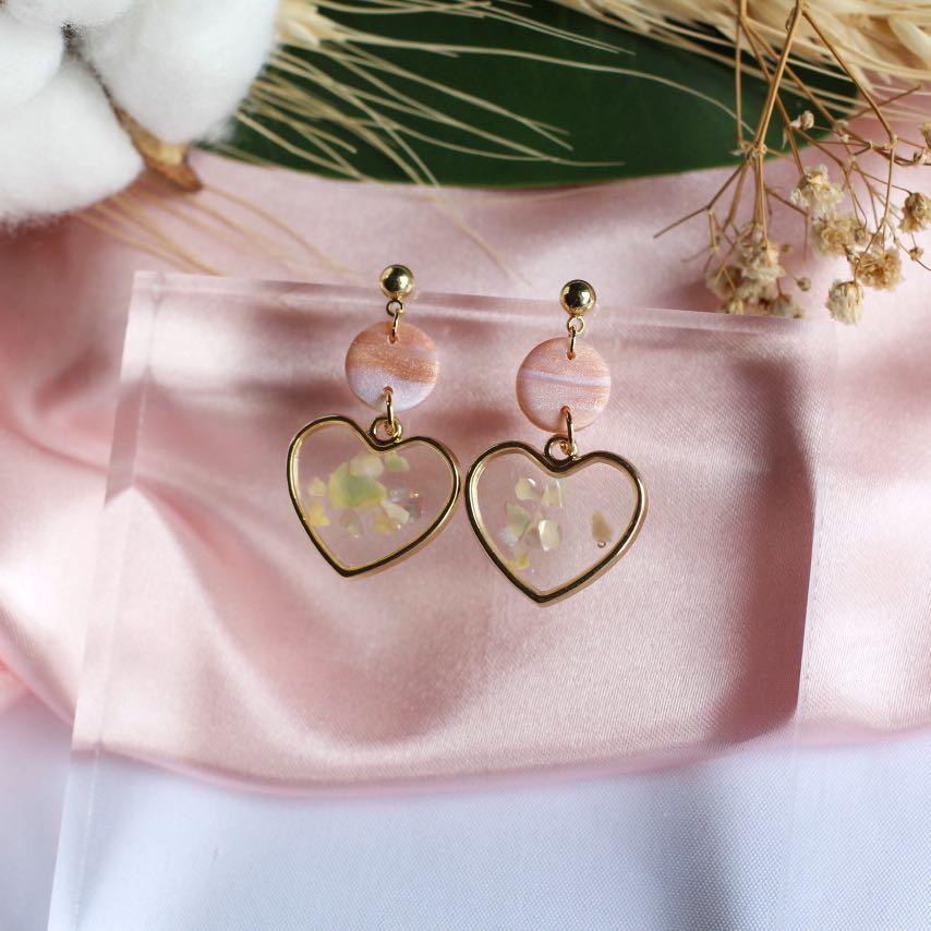 Pink and gold heart polymer clay earrings