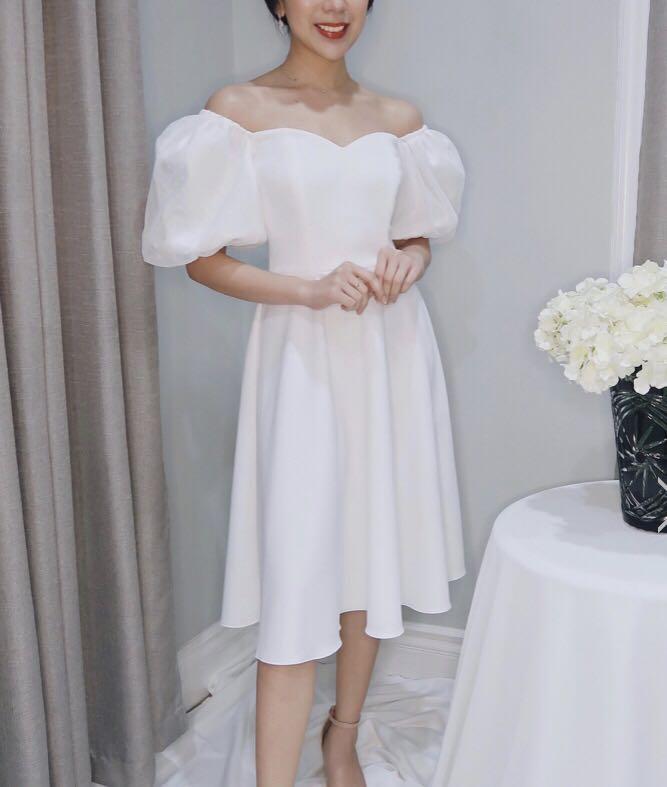 White Formal Dress with Puff Sleeves 