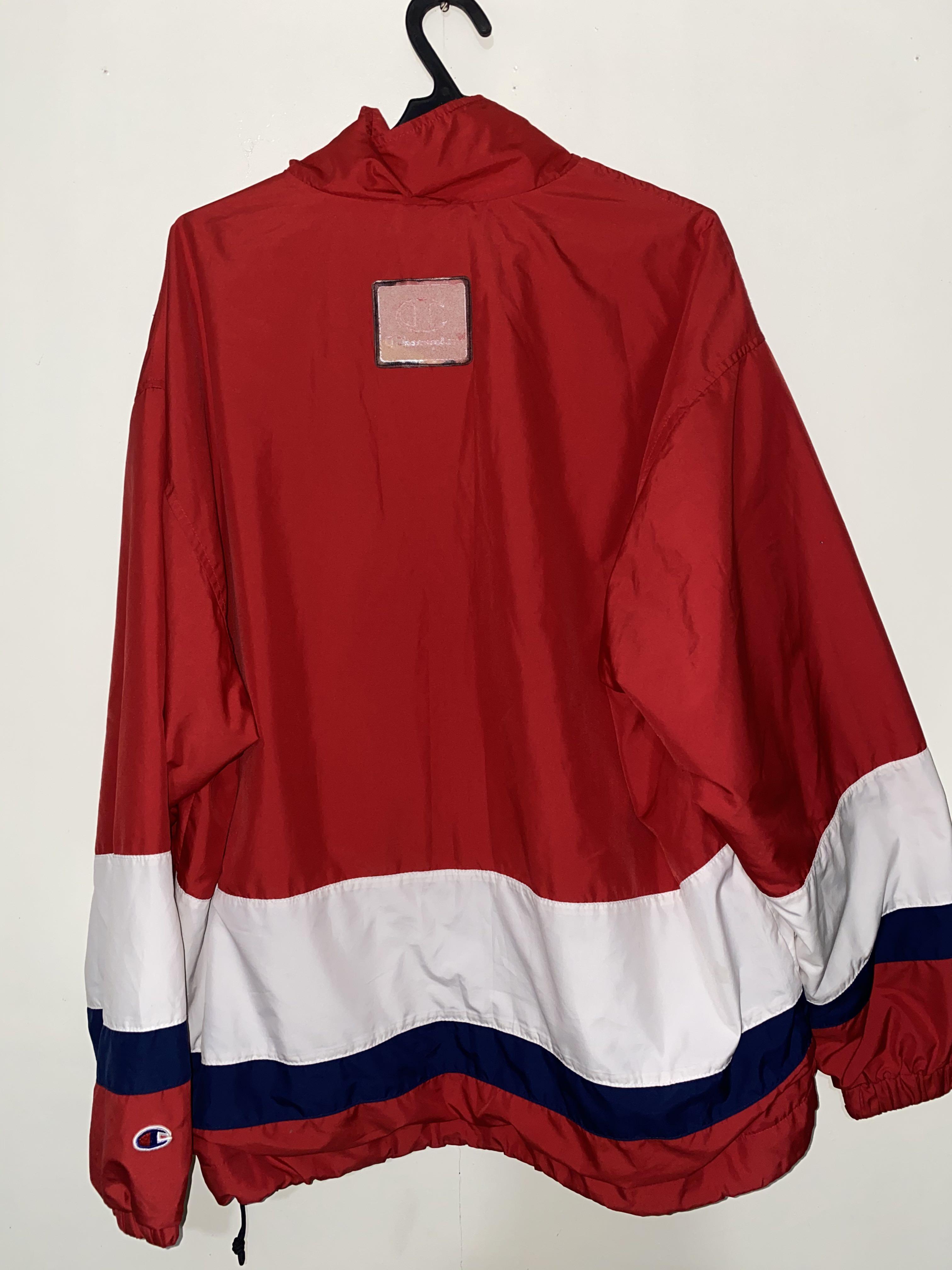 CHAMPION HALF ZIP WINDBREAKER (Category: Hoodies) located in Las Pinas. Submitted by vintcondition (Listing ID 1051245055, Image 2). Description: Champion Halfzip tri-color windbreaker -good condition -medium on tag, but fits l Issue: Faded leather on back tab .