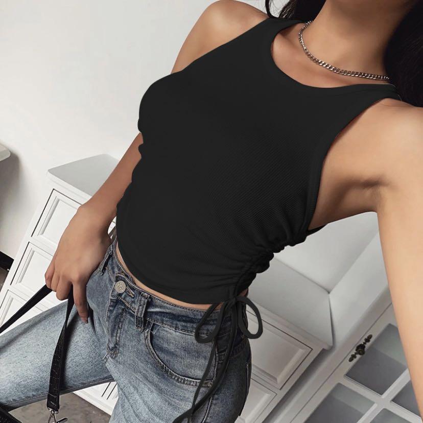 Instocks! Tie string ribbed cami top (Category: Sleeveless) located in Singapore. Submitted by xxbree (Listing ID 1051268310, Image 2). Description: Brand new instocks Size S & M available Colours available: Blue, White & Black.