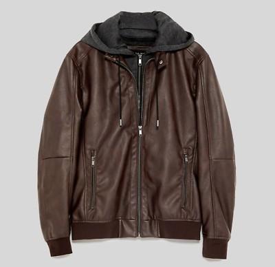 Zara men's leather jacket with hood clearance