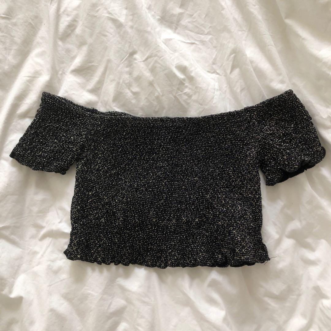 black sparkly off the shoulder top