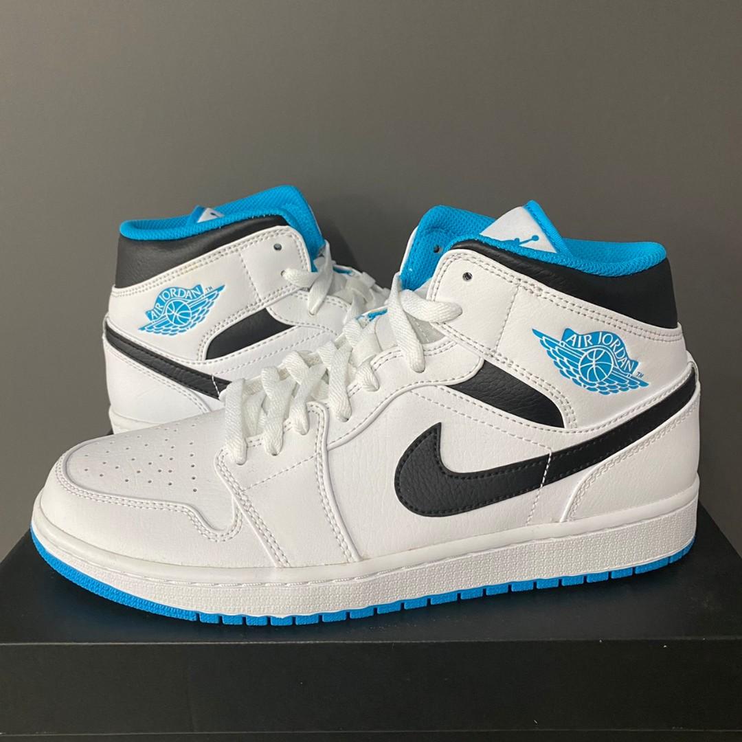 Air Jordan 1 mid laser blue, Fesyen Pria, Sepatu , Sneakers di Carousell