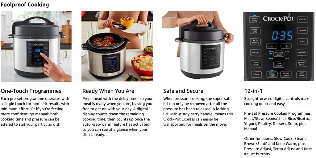 Crock Pot Crock Pot CrockPot Express Pressure Cooker CSC051 12 in 1 Programmable Multi Cooker Slow Cooker Steamer and Saute 5.6 Litre Stainless