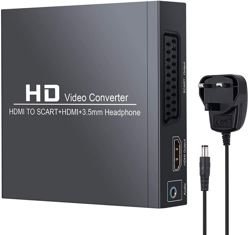 HDMI To Scart and HDMI Converter HD Composite Video Adapter with 3.5mm Headphone Adapter Support 1080P PAL NTSC for CRT TV, VHS VCR, DVD Recorders HD TV and Older TV, Computers