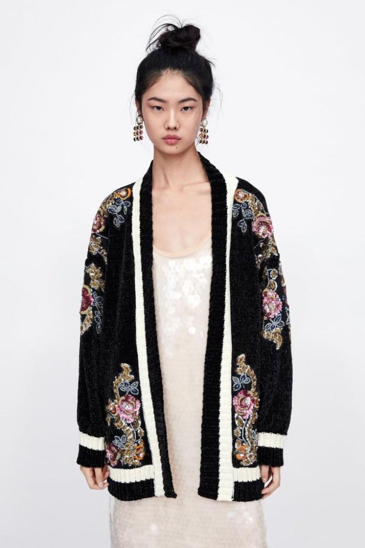 Zara embroidered chenille cardigan Fesyen Wanita Pakaian Wanita Baju Luaran di Carousell