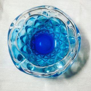 Big Icy Blue Glass Ashtray/Trinket Bowl with Geometric Design