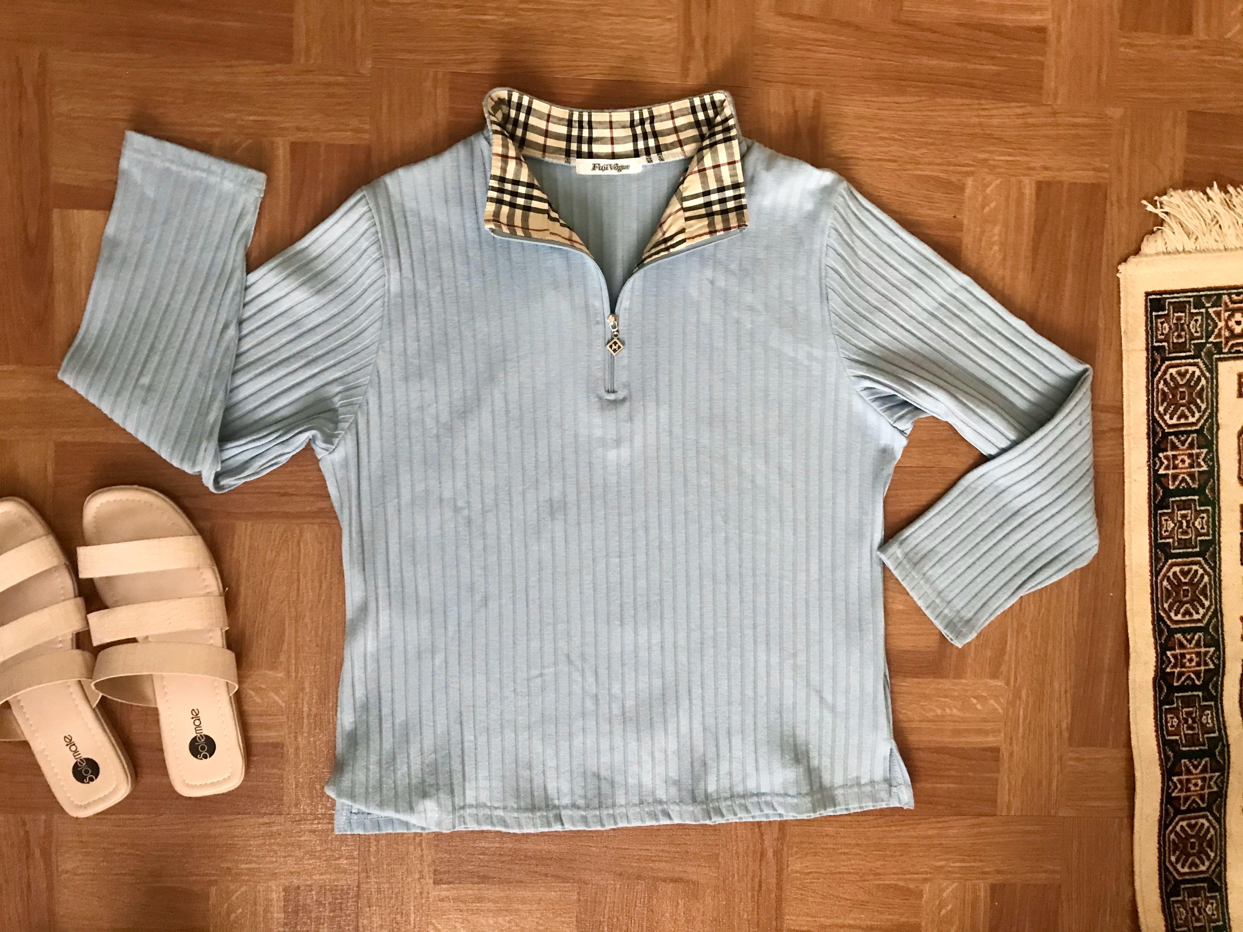 Fuji Vogue baby blue long sleeve top with Burberry details Women s Fashion Tops Others Tops on Carousell