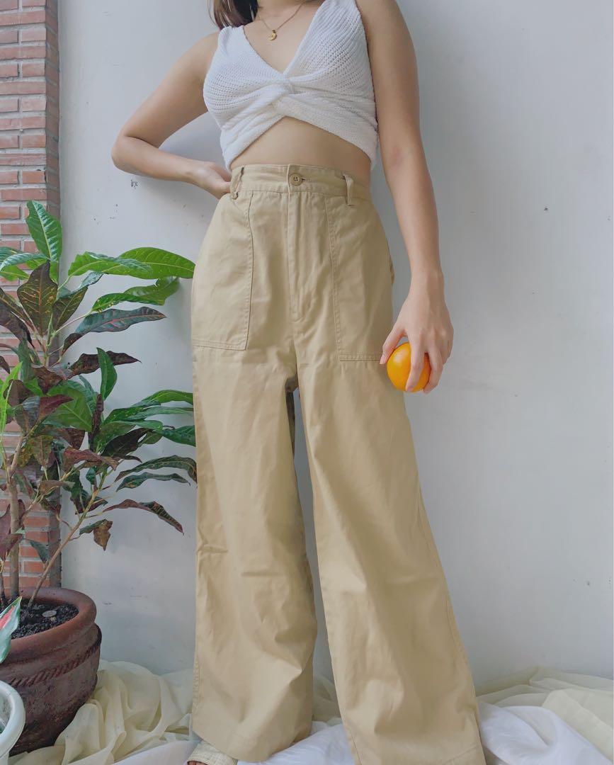 Khaki Wide Leg Pants Women s Fashion Bottoms Other Bottoms on