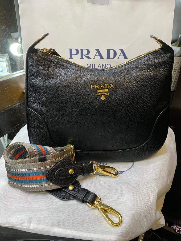 Prada Vitello Daino Tan Leather Shoulder Handbag with Silver and Blue Nylon  Web Striped Strap 1BC052: Handbags