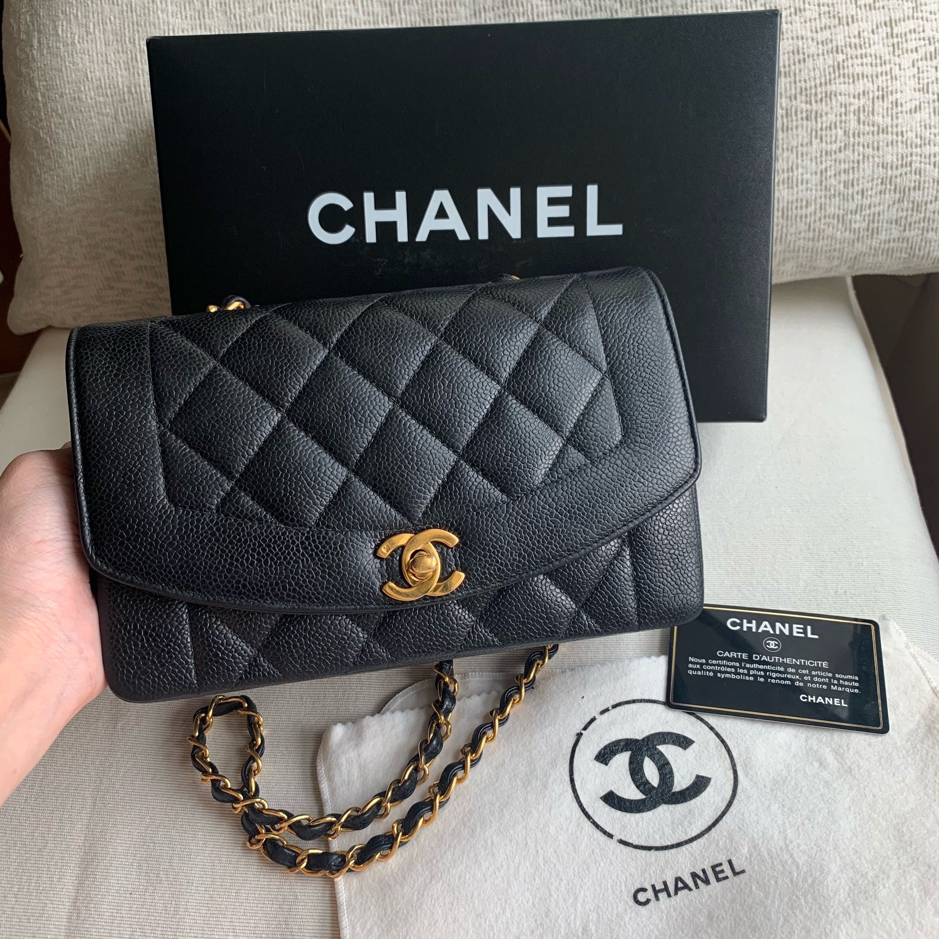 SOLD**AUTHENTIC CHANEL Caviar Diana Small 9” Flap Bag 💙FULL BOX SET💙,  Luxury, Bags & Wallets on Carousell