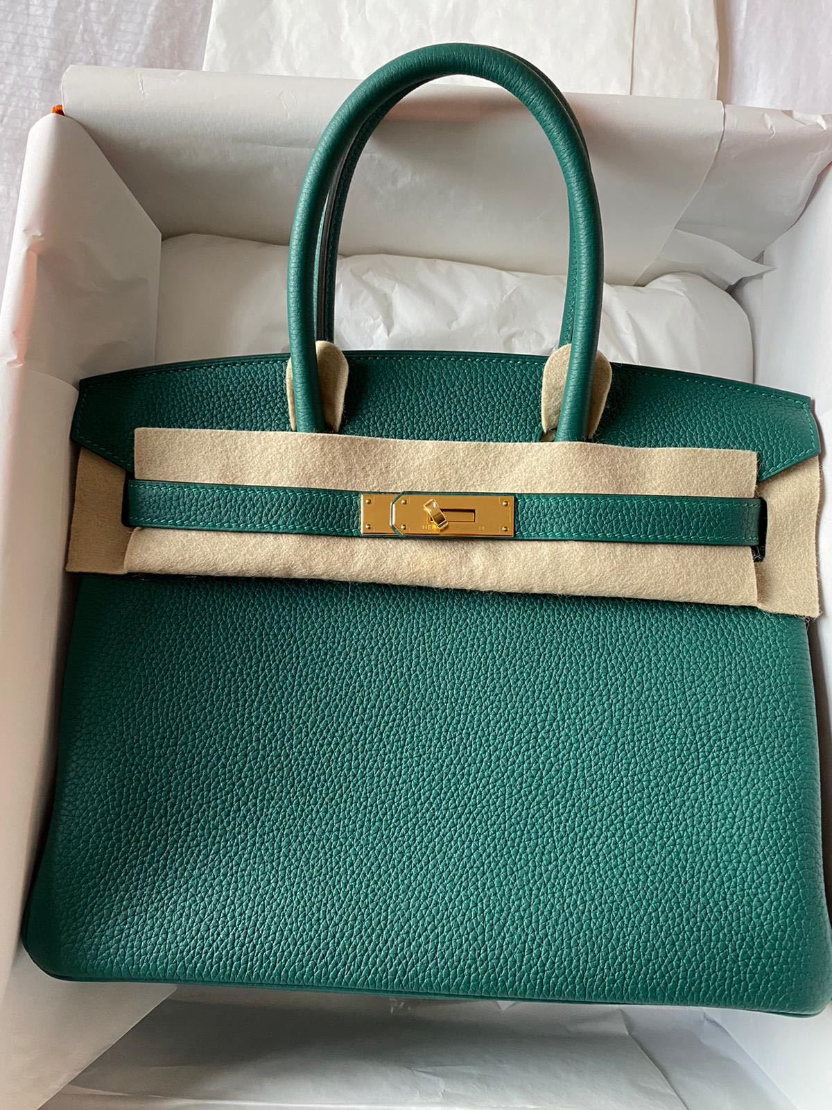 HERMÈS  MALACHITE BIRKIN 30CM OF TOGO LEATHER WITH GOLD HARDWARE