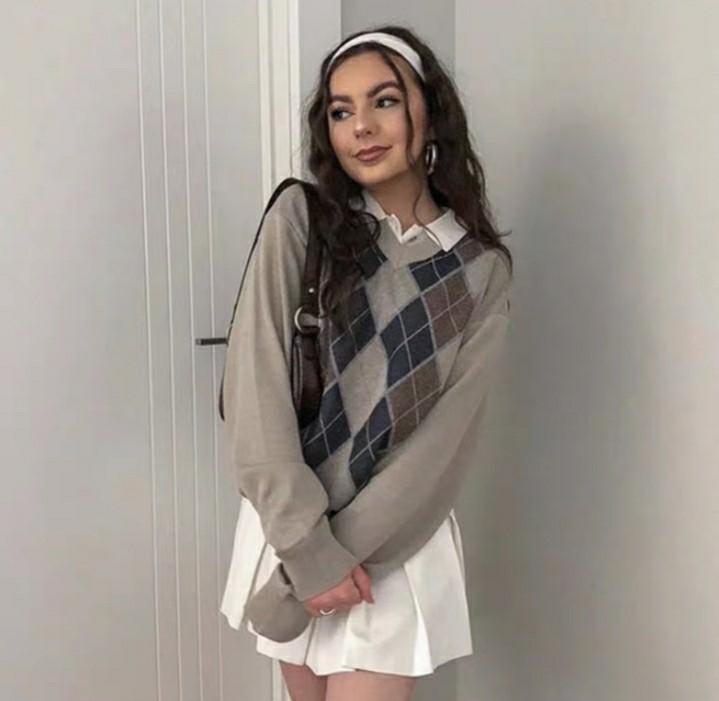 PO Y2k Aesthetic Trendy Argyle Diamond Sweater Cardigan Grey Blue