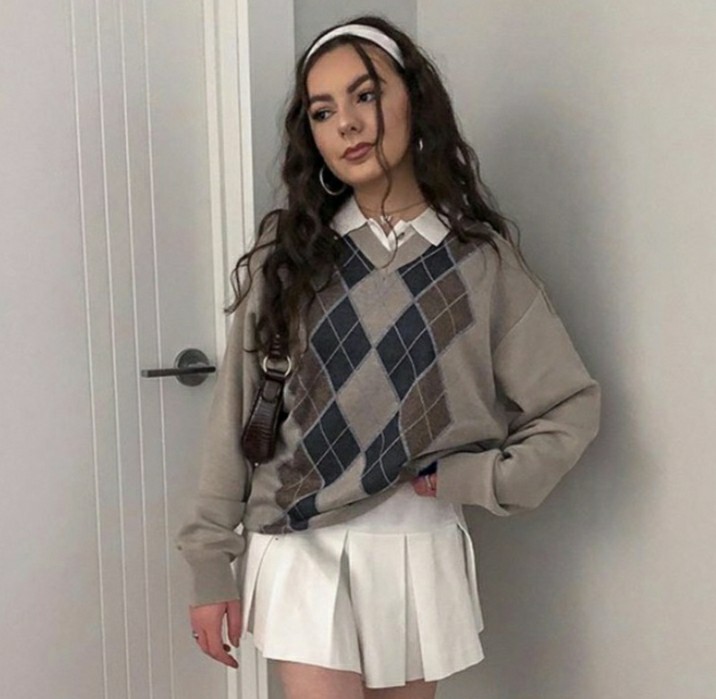 PO Y2k Aesthetic Trendy Argyle Diamond Sweater Cardigan Grey Blue White High Waist Pleated Skirt Inner Collar Top Shirt