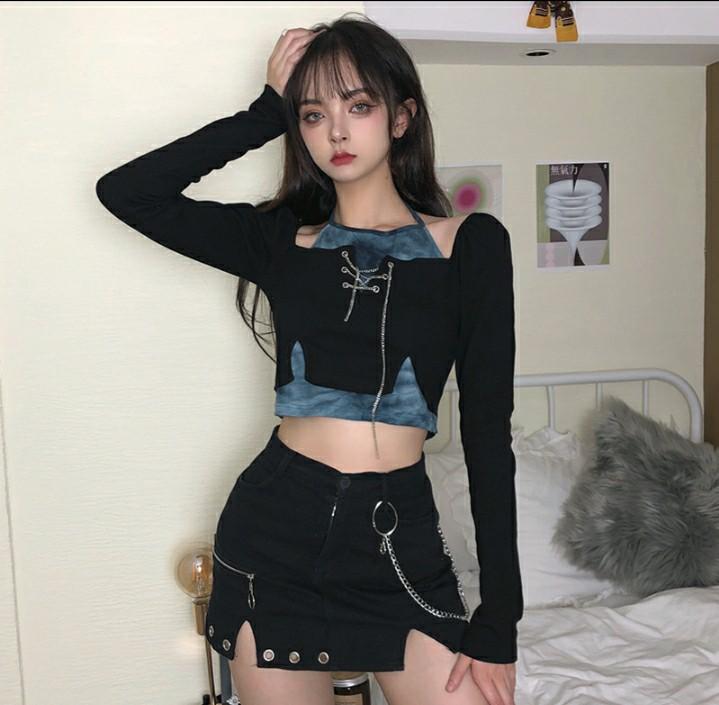 Instock Aesthetic Edgy Emo Egirl Two Piece Set Black Chain Skirt Cross Chain Crop Top Shirt Long Sleeve Navy Blue Women S Fashion Tops Other Tops On Carousell
