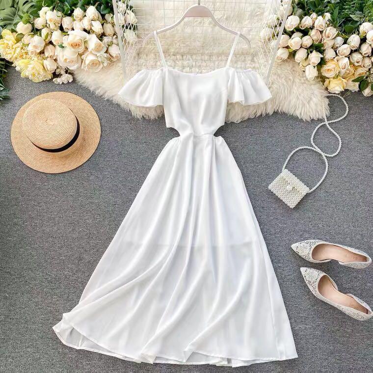 White off the shoulder floor length dress sale