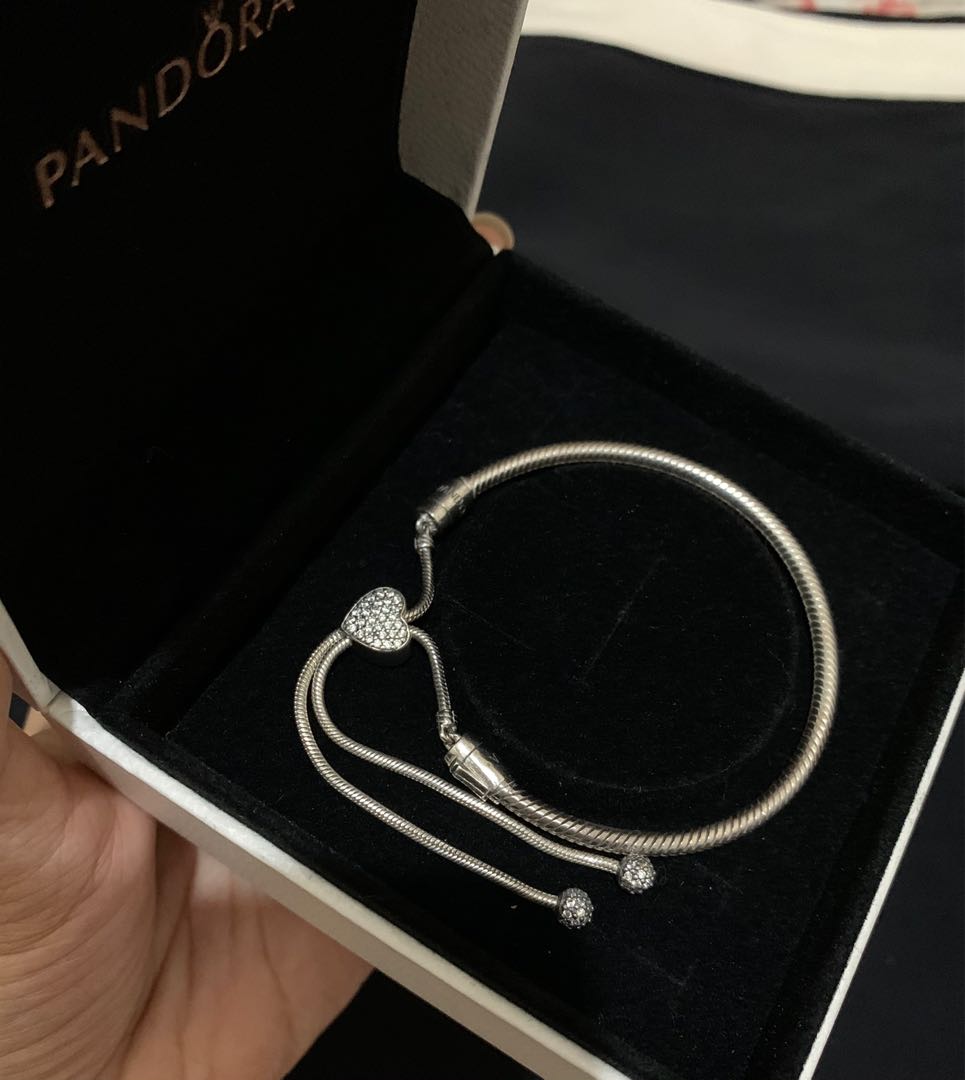 Authentic Pandora Heart Clasp Snake Chain Slider Bracelet Women s