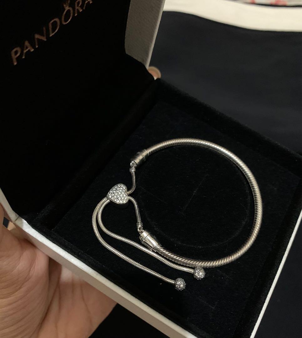 Pandora moments pavé heart online clasp snake chain slider bracelet